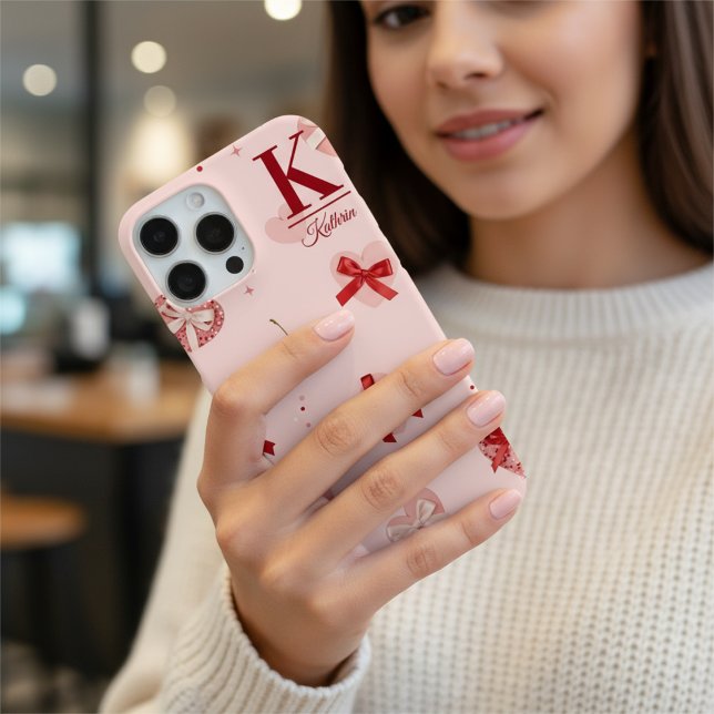 Girly Pink Coquette Hearts and Bows Personalized  Case-Mate iPhone Case (Creator Uploaded)
