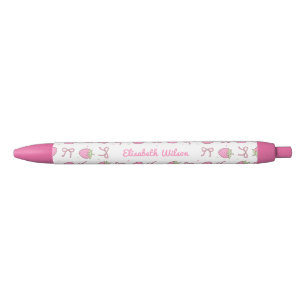 Girly Pink Coquette Strawberry Bow Script Name Black Ink Pen
