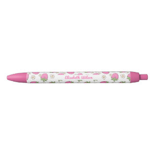 Girly Pink Coquette Strawberry Flower Script Name Black Ink Pen