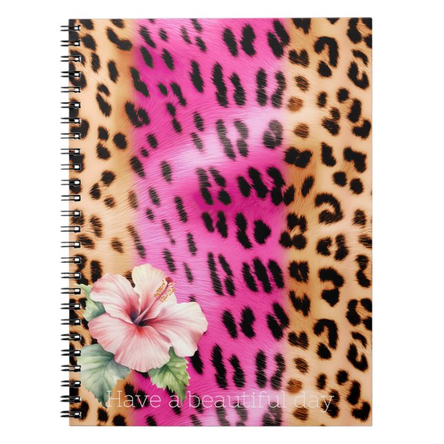 Girly Pink Cream Black Leopard Hibiscus Flower Notebook (Front)