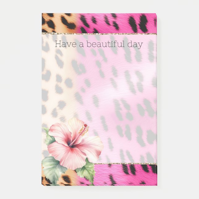 Girly Pink Cream Black Leopard Hibiscus Flower Post-it Notes (Front)