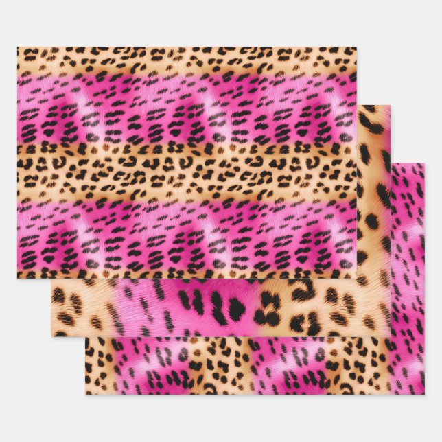 Girly Pink Cream Black Leopard Print Wrapping Paper Sheet (Set)