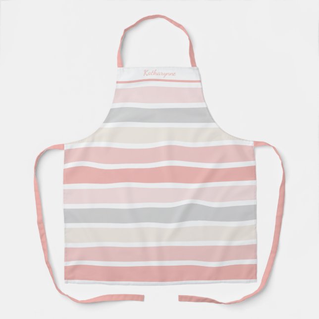 Girly Pink Cream Grey Stripes Personalized Apron (Front)