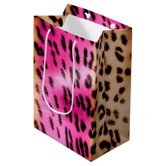 Girly Pink Cream Leopard Print Medium Gift Bag (Front Angled)