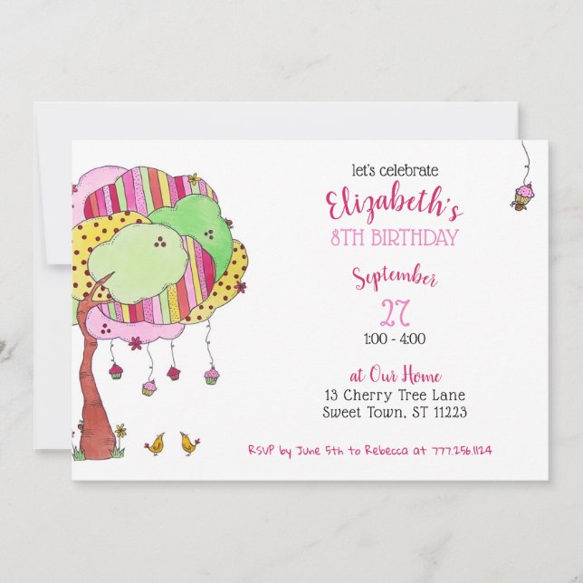 Girly Pink Cupcake Tree Birthday Party Invitation (Front)