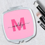 Girly Pink Custom Initial Name Monogram Compact Mirror<br><div class="desc">Personalized Create Your Own Girly Pink Initial Name Monogram Compact Mirror. Add a fun, girly touch to your daily routine with this chic compact mirror. Featuring a bright baby pink background, a bold magenta hot pink initial, and a flowing black script name, this mirror offers a personalized and stylish flair...</div>