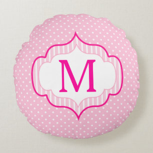 Girly Pink Custom Monogram Polka Dot Pattern Round Pillow