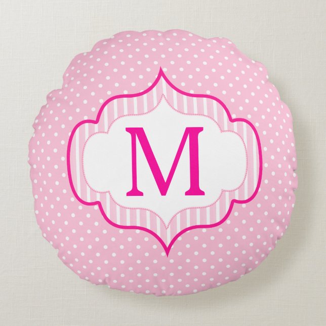 Girly Pink Custom Monogram Polka Dot Pattern Round Pillow (Front)
