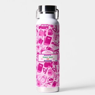 girly pink Customizable Back to School Pattern Water Bottle