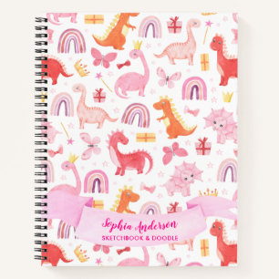 Girly Pink Cute Dino Dinosaur Custom Name Notebook