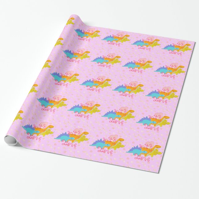 Girly Pink Cute Dinosaurs With Love Hearts Pattern Wrapping Paper (Unrolled)