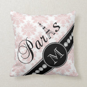 Girly Pink Damask Black Paris Monogram Throw Pillow