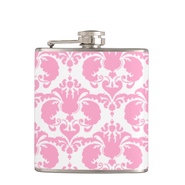 Girly Pink Damask Hip Flask (Front)