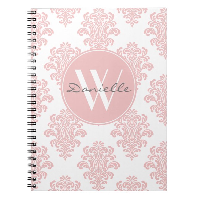 Girly Pink Damask Monogram Notebook (Front)