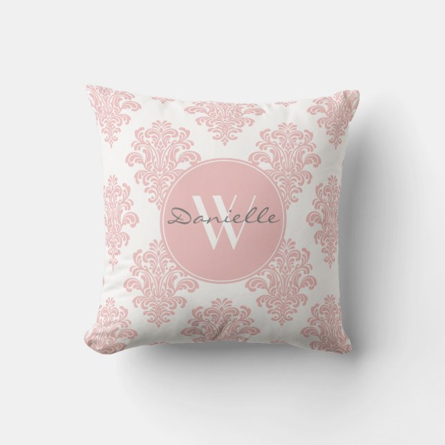 Girly Pink Damask Monogram Throw Pillow (Front)