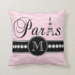 Girly Pink Damask Paris Monogrammed Throw Pillow<br><div class="desc">This black, white and girly pink chic vintage damask pattern throw pillow with personalized your monogram initial, the word "Paris" with the Eiffel Tower and a line of printed white diamonds on a black band will look amazing in your bedroom or living room as an accent pillow. Monogram Gallery Gifts©...</div>