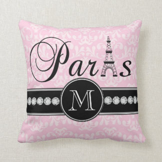 Girly Pink Damask Paris Monogrammed Throw Pillow