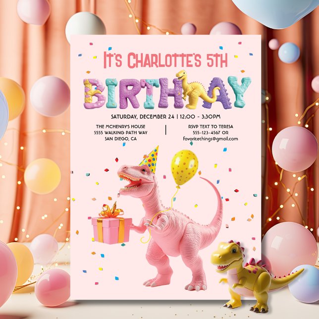 Girly Pink Dinosaur Birthday Party Invitation (Creator Uploaded)