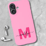 Girly Pink Elegant Minimal Name Monogram iPhone 16 Case<br><div class="desc">Personalized Hot Pink and Magenta Initial Monogram Phone Case. Add a pop of bright, happy colour to your phone with this chic and personalized phone case. Featuring a vibrant pink background and a bold magenta hot pink initial, paired with a sleek black script name, this design combines fun with femininity...</div>