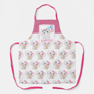 Girly Pink Elephant with Bow and Balloon Pattern Apron