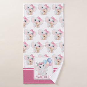 Girly Pink Elephant with Bow and Balloon Pattern Bath Towel