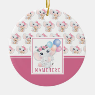 Girly Pink Elephant with Bow and Balloon Pattern Ceramic Ornament