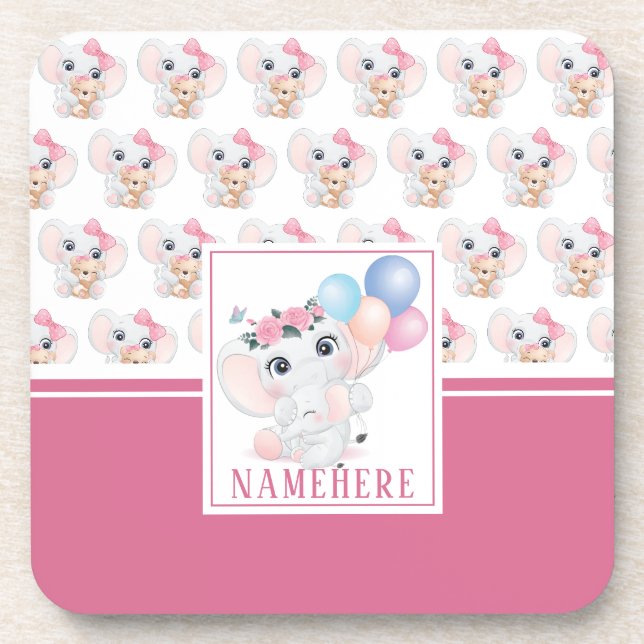 Girly Pink Elephant with Bow and Balloon Pattern Coaster (Front)