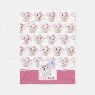 Girly Pink Elephant with Bow and Balloon Pattern Fleece Blanket