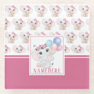 Girly Pink Elephant with Bow and Balloon Pattern Glass Coaster