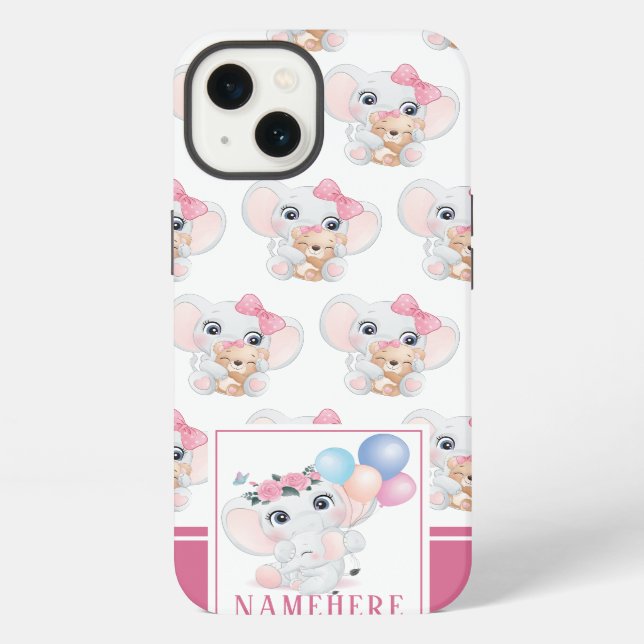 Girly Pink Elephant with Bow and Balloon Pattern iPhone Case (Back)