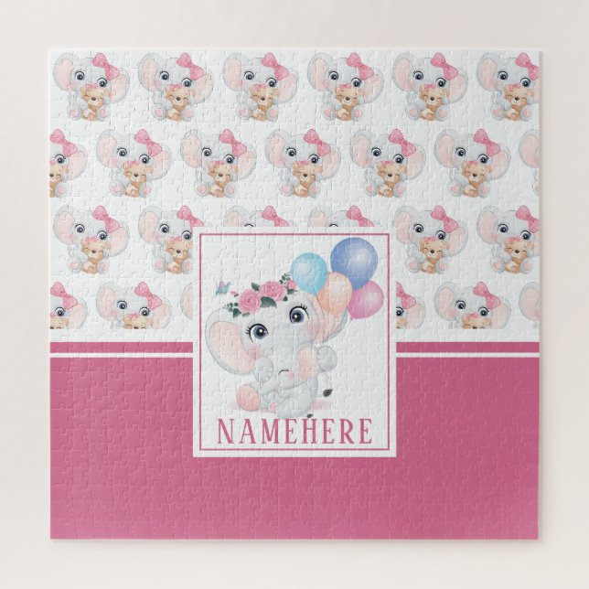 Girly Pink Elephant with Bow and Balloon Pattern Jigsaw Puzzle (Vertical)