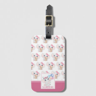 Girly Pink Elephant with Bow and Balloon Pattern Luggage Tag