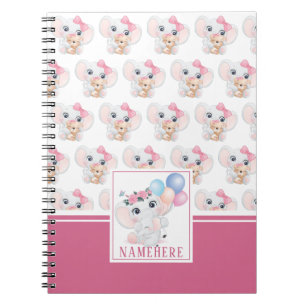Girly Pink Elephant with Bow and Balloon Pattern Notebook