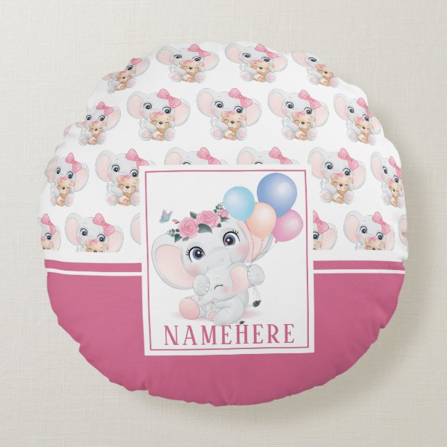 Girly Pink Elephant with Bow and Balloon Pattern Round Pillow (Front)