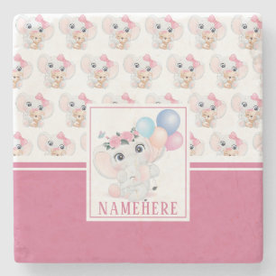 Girly Pink Elephant with Bow and Balloon Pattern Stone Coaster