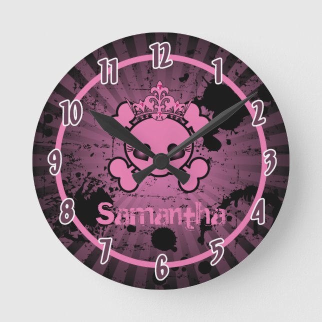 Girly Pink EMO Skull Rocker Personalized Clock (Front)