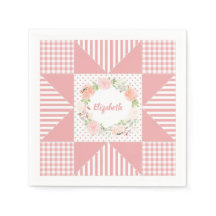 Girly Pink Evening Star Quilt Rose Wreath and Name