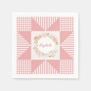Girly Pink Evening Star Quilt Rose Wreath and Name Napkin