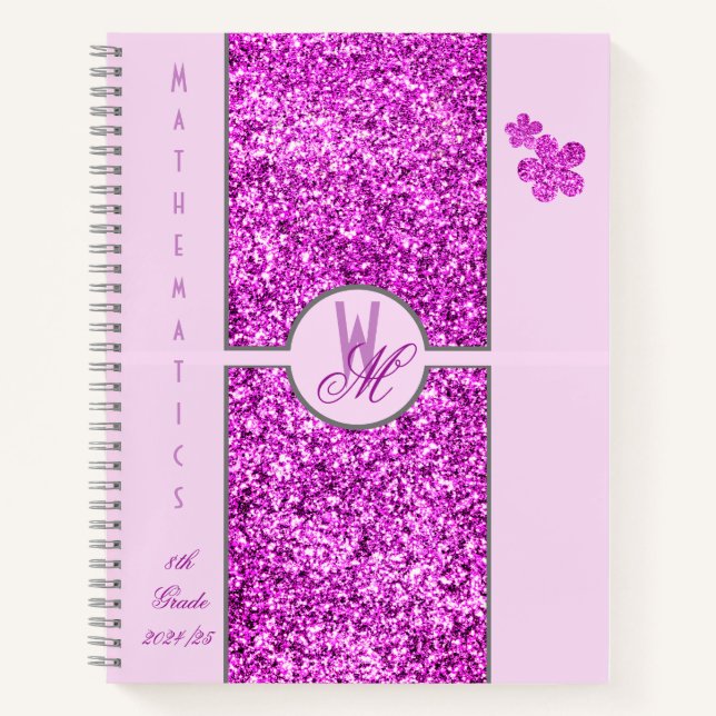 Girly Pink Faux Glitter Monogram School Notebook (Front)