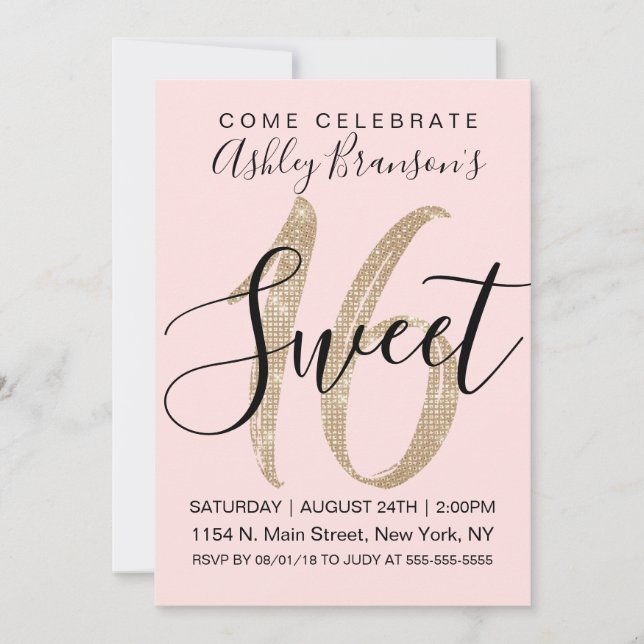 Girly Pink Faux Gold Sequin Glitter Sweet 16 Invitation (Front)