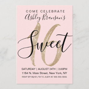 Girly Pink Faux Gold Sequin Glitter Sweet 16 Invitation