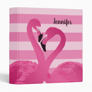 Girly Pink Flamingo Birds Stripe Pattern + Name Binder