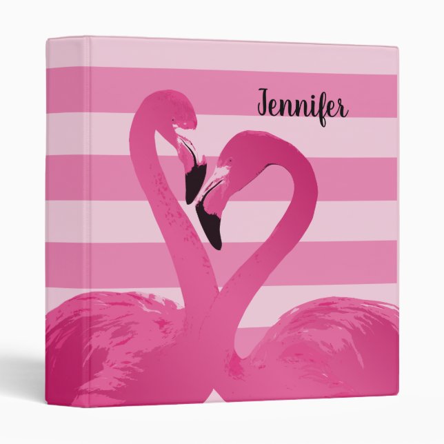 Girly Pink Flamingo Birds Stripe Pattern + Name Binder (Front/Spine)