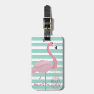 Girly  Pink Flamingo,Pineapple Mint  White Stripes Luggage Tag