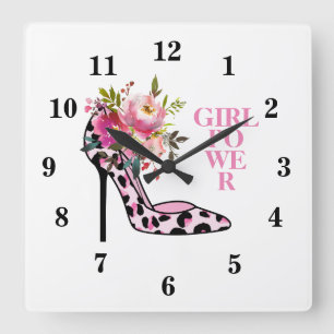 Girly Pink Floral and High Heels  Square Wall Clock