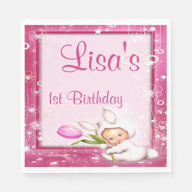 Girly Pink Floral Baby Bunny 1st Birthday Napkin (Front)
