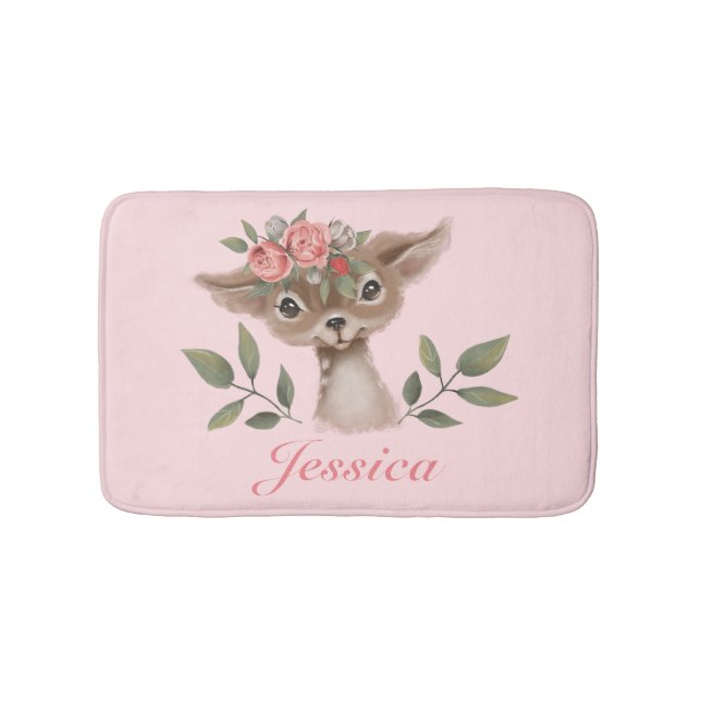 Girly Pink Floral Deer Bath Mat (Front)