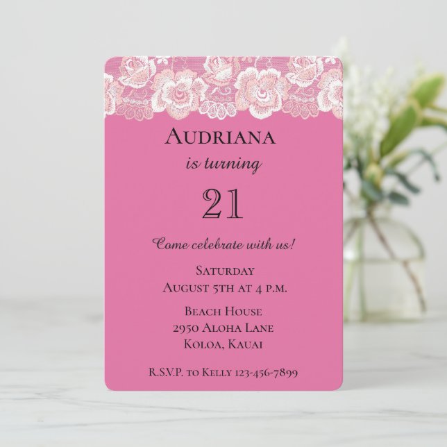 Girly Pink Floral Lace Birthday Invitation (Standing Front)