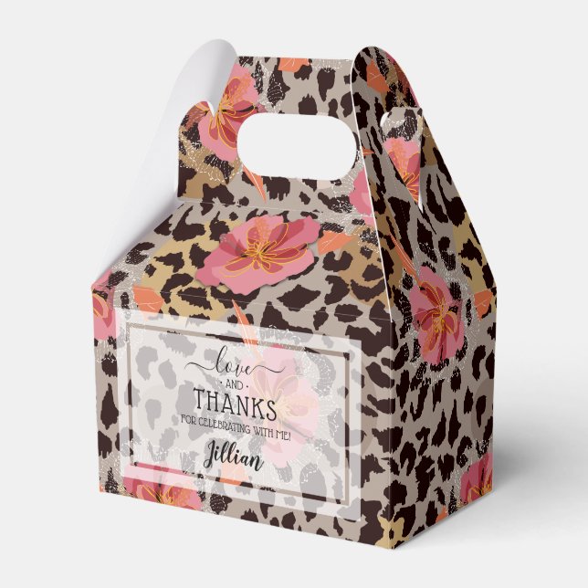 Girly Pink Floral Leopard Print Favor Box (Front Side)