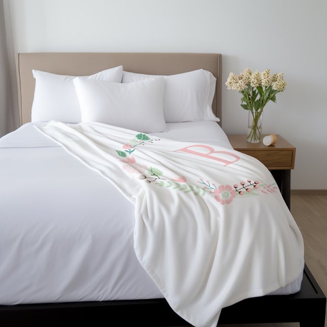 Girly Pink Floral Monogram Fleece Blanket (Creator Uploaded)